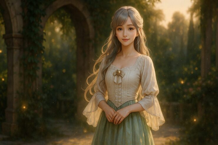 Elegant fantasy princess Miria at twilight, wearing an ivory blouse and mint green skirt, with soft golden lighting and ambient magical atmosphere in a castle courtyard.