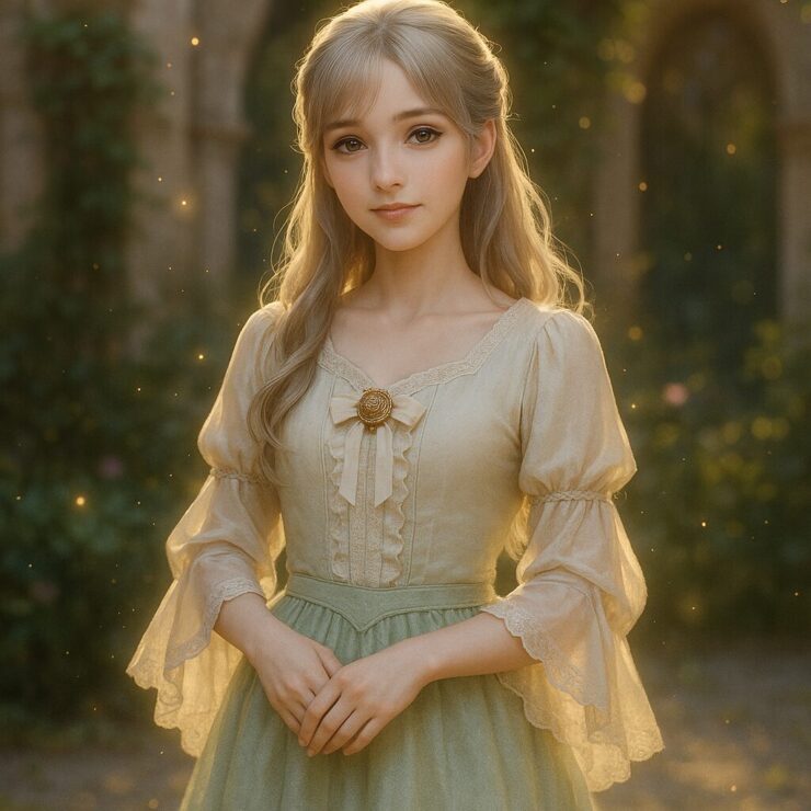 Magical princess Miria in a soft ivory blouse and pastel green skirt, standing gracefully in a twilight garden with golden light and floating magical particles.