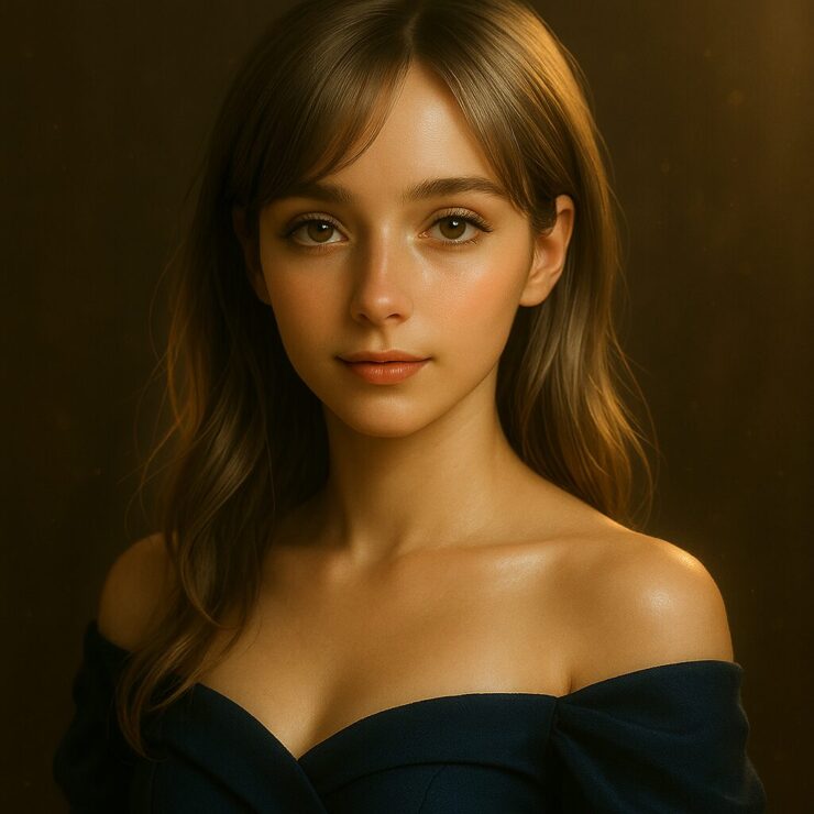 Close-up portrait of Miria with golden-brown eyes and silver-gold hair, in a navy off-shoulder dress, softly illuminated by poetic top light.