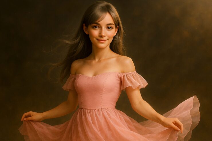 Miria wearing a flowing pink dress, softly lit with cinematic light. Her confident gaze and rim-lit fabric create a portrait of elegant visual harmony.