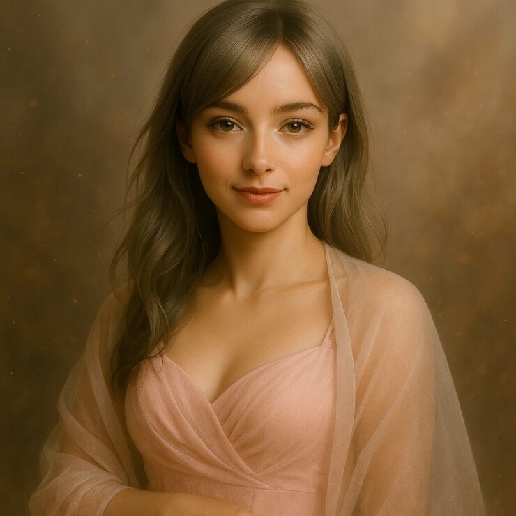 Close-up square portrait of Miria in a pink dress and sheer shawl, softly illuminated with ambient glow and dreamy highlights.