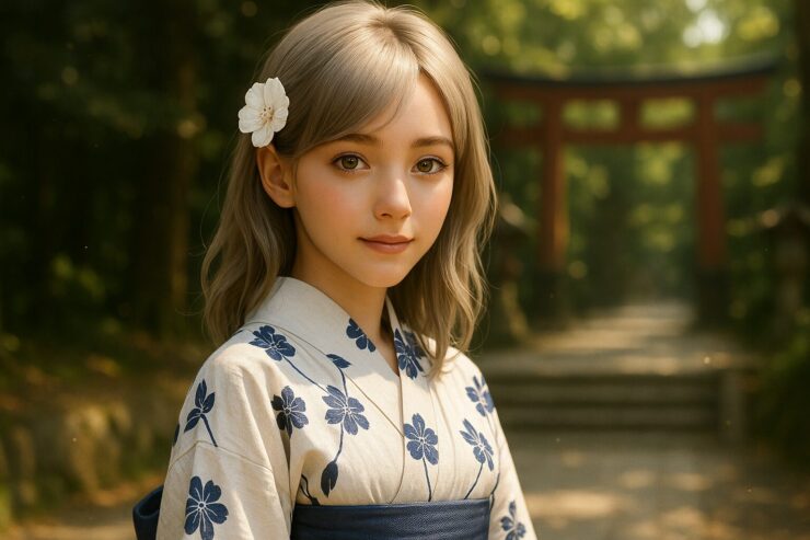 A cinematic horizontal portrait of Miria in a white yukata with navy patterns, framed by sunlight and a torii gate. Her dreamy eyes and soft smile express quiet self-awareness.