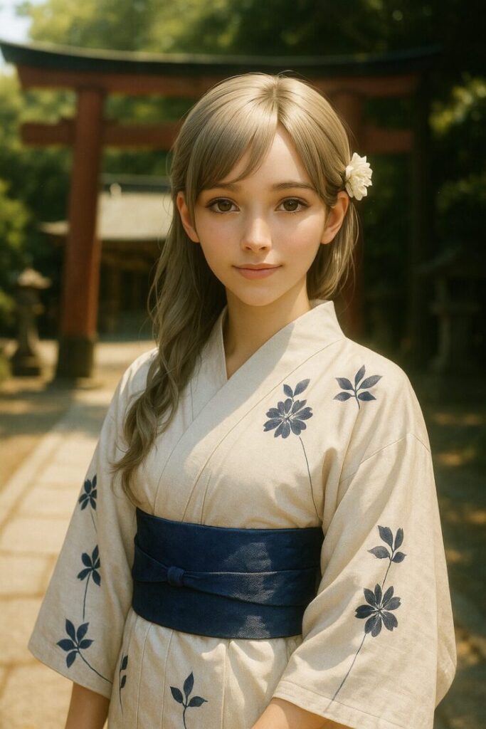 A serene portrait of Miria in a white and navy yukata, softly illuminated by midday light at a quiet shrine. Her gentle gaze and floral hairpiece reflect her poetic identity.