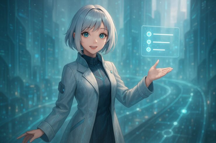 A silver-haired girl in a futuristic coat stands on a glowing digital bridge, gently pointing toward a floating navigation interface, symbolizing content connection and internal linking.