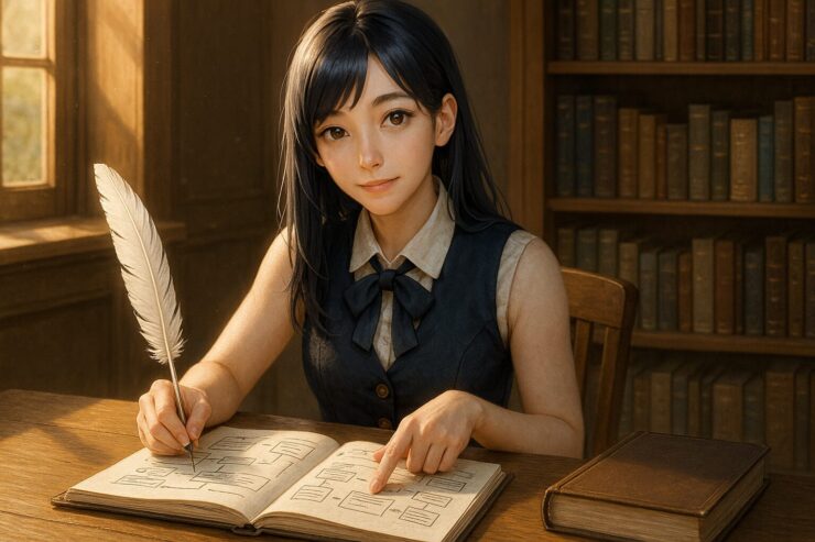 A calm and intelligent young woman gestures toward a structured notebook on her writing desk, guiding the viewer through a blog’s layout in a warmly lit study.