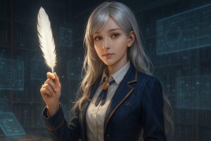 A thoughtful silver-haired woman holds a glowing feather pen in a futuristic library, her golden eyes reflecting a quiet question about AI and authorship.