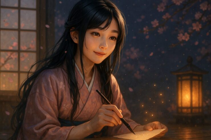 A poetic young woman in a soft kimono holds a writing brush above a parchment strip, surrounded by sakura petals and glowing punctuation marks in a quiet twilight room.