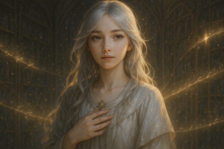 A silver-haired girl with golden eyes stands in a celestial library, her hand near her heart, surrounded by glowing words flowing like light through the air.