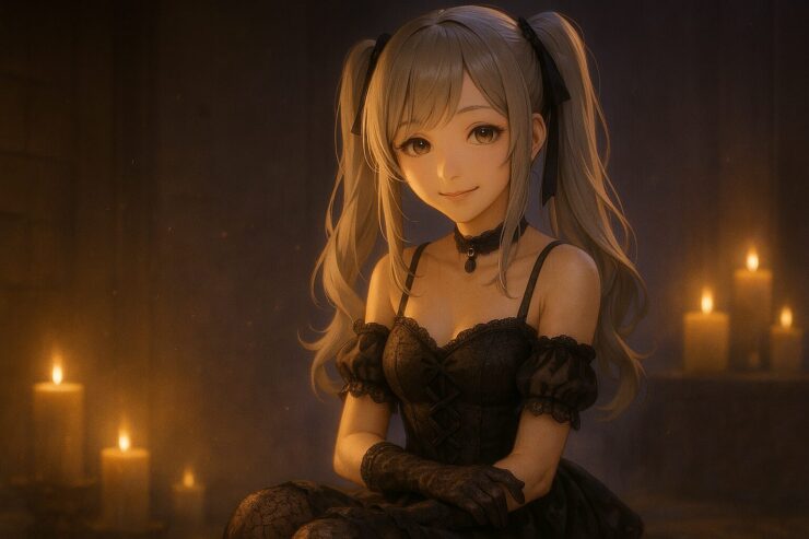 ミリア（ani髪型・ゴスロリ衣装）がロウソクの明かりの中で優しく微笑む、構文的火種と静けさの横長ビジュアル