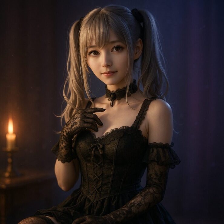 ミリア(ani風衣装)斜め構図:頬を照らす光とフィッシュネットが織りなす“構文の余韻”を湛えた静謐な視線