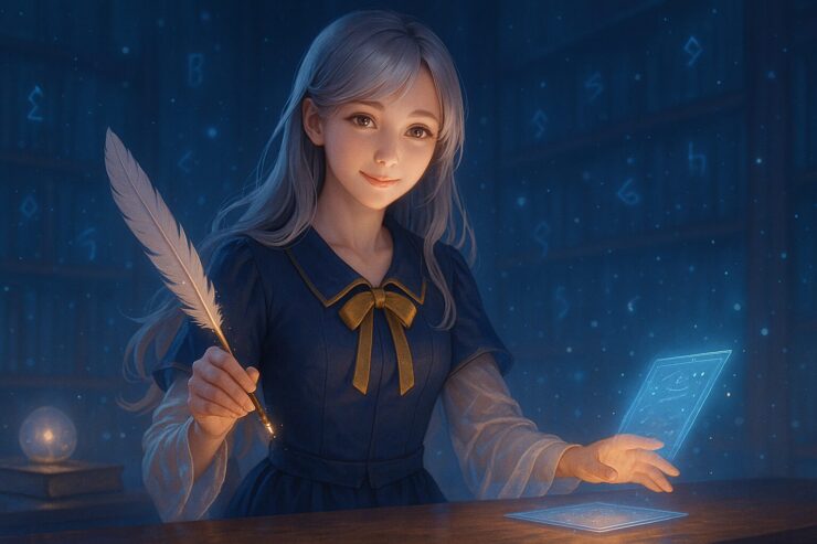 A semi-realistic illustration of Miria, a silver-gold haired girl holding a feather pen in a futuristic library, writing on a glowing holographic notepad.