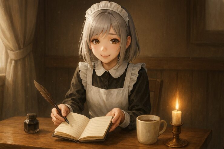 A gentle maid-like girl with silver-gold hair softly smiles as she offers a notebook and pen across a wooden café table, surrounded by warm ambient light.