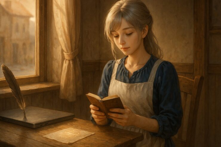 A silver-gold-haired girl sits by a wooden desk in soft morning light, holding a notebook with gentle care. She symbolizes a quiet and heartfelt approach to writing with free tools.
