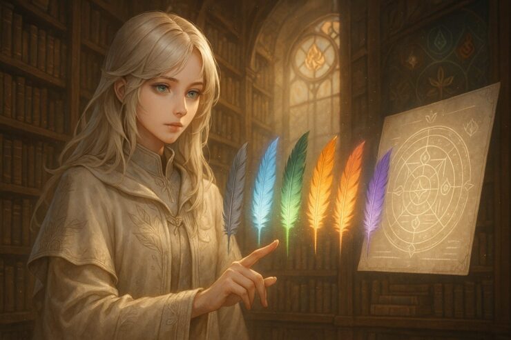 A young woman in a magical library gazes at a cluster of glowing feather pens, each representing different AI writing tools. She stands in ambient light, symbolizing thoughtful choice and comparison.