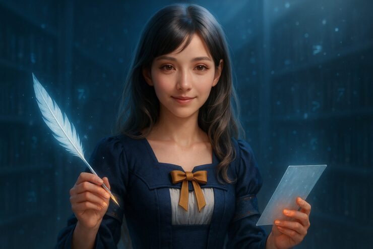 Miria holding a glowing feather pen and translucent notepad in a futuristic library, wearing a navy and white dress with gold ribbon, softly lit with blue ambient haze