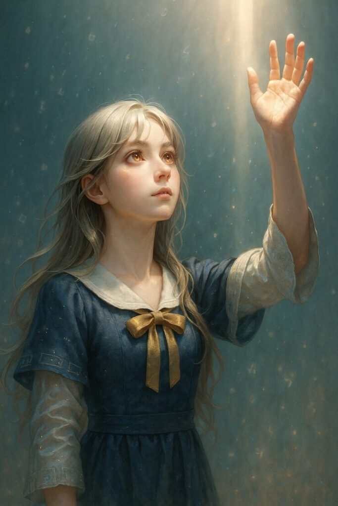 Miria reaching upward toward a soft beam of light, wearing a navy and white dress with golden ribbon, surrounded by glowing particles and ambient symbols in a poetic atmosphere