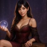 Sensual fortune teller Miria holding crystal ball in burgundy and black lace dress, photo-realistic portrait with mystical lighting