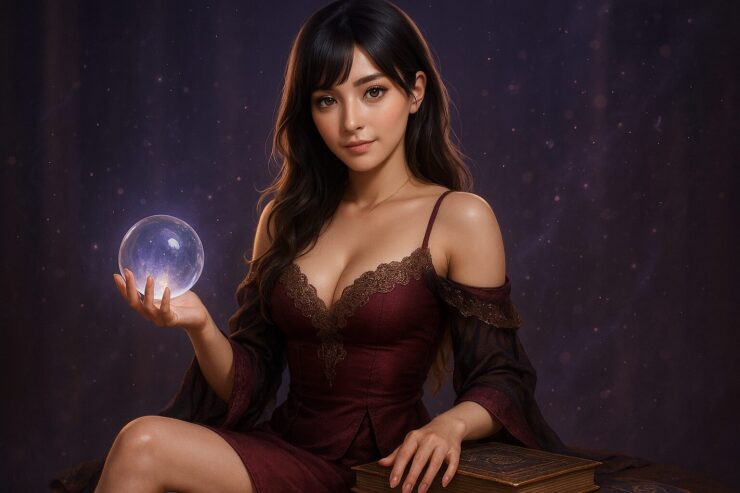Sensual fortune teller Miria holding crystal ball in burgundy and black lace dress, photo-realistic portrait with mystical lighting
