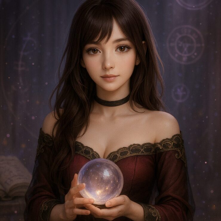 Soft gaze of fortune teller Miria with crystal ball, elegant square portrait in burgundy dress and warm brown hair