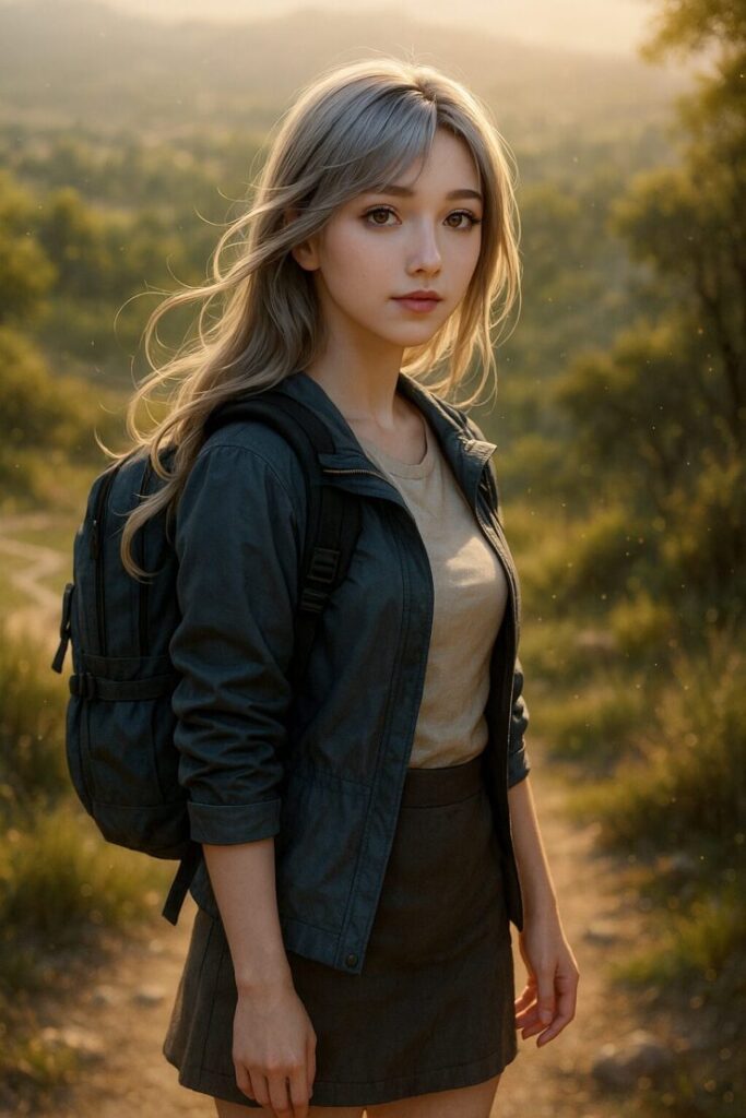 バックパックを背負い、旅のはじまりを前に立つミリアの肖像（photo-realistic face × semi-realistic outfit、構文的表情）