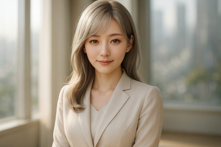 Elegant female AI newscaster with dreamy eyes and silver-gold long hair, standing in soft daylight with a futuristic city in the background.