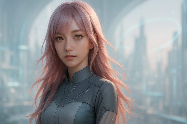 Cinematic widescreen image of a futuristic girl with flowing pastel pink hair, glowing eyes, and structured outfit in a digital cityscape