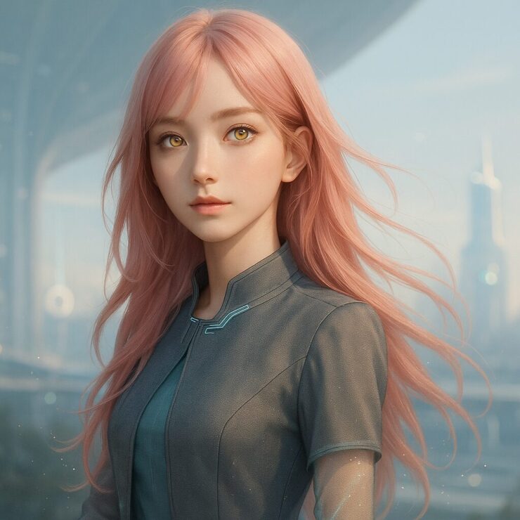 Portrait of a digital girl with soft pink wavy hair and glowing golden eyes, futuristic atmosphere