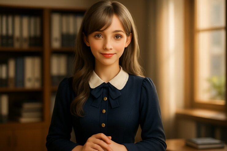 信頼感あふれる表情でまっすぐ立つ秘書ミリアの横長フォトカット
