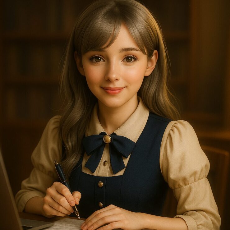 信頼感あふれる表情でまっすぐ立つ秘書ミリアの挿絵