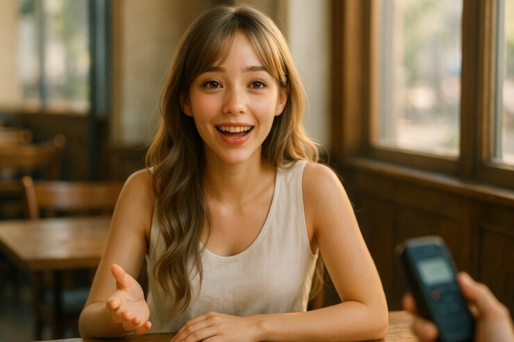 夏の私服で楽しげに会話する女性キャラクターのミリア。AI文字起こしサービス「Notta」の世界観を表現したポートレート。 / Casual summer Miria chatting, representing AI transcription concept.