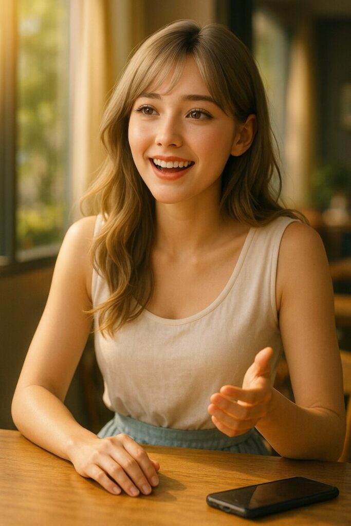 会話をしながら録音される女性キャラクターのミリア。AI文字起こしサービス「Notta」で“話すだけで記録が資産になる”瞬間を表現。 / Miria being recorded while talking, illustrating Notta AI transcription.