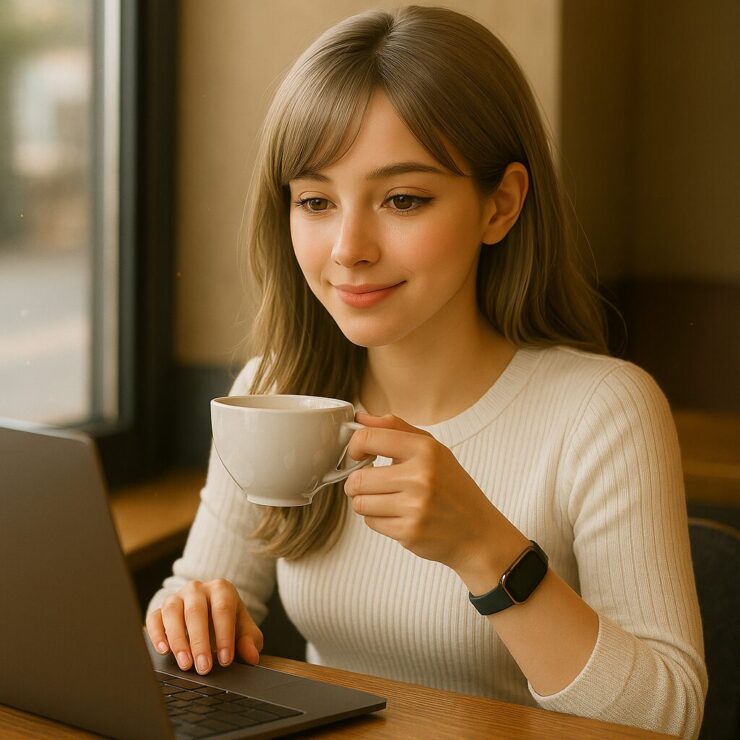 ミリアが窓際でカップを手にAI学習を楽しむ正方形挿絵|Miria enjoying AI-assisted reading with a cup of tea by the window