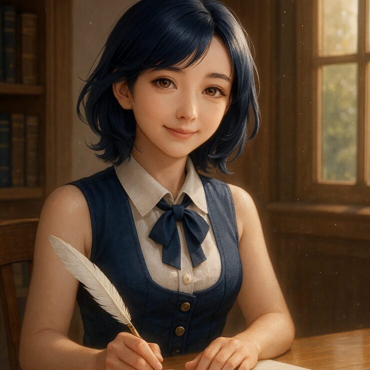クラシカル秘書ミリアが書斎の机で羽ペンを持ち、微笑む姿 Classical secretary Miria, holding a quill pen at a wooden desk in a sunlit study, smiling gently