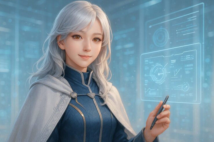 未来教師ミリアがホログラムUIと対話する横長アイキャッチ | Futuristic teacher Miria interacting with a floating holographic UI panel, silver-white hair and golden eyes, calm smile in a luminous academy space