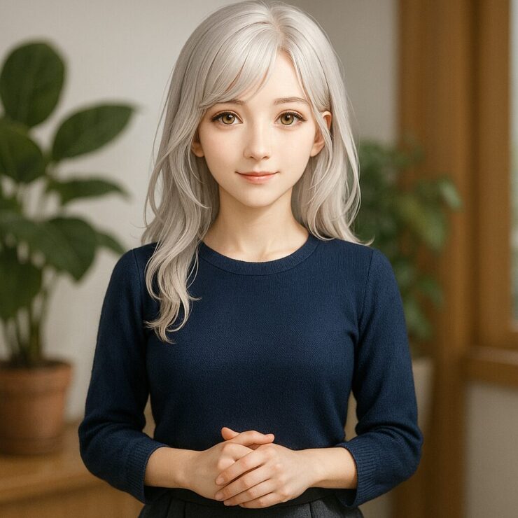 静かに語りかける表情のミリアが、ネイビーニットとフレアスカートで室内に立つポートレート|Portrait of Miria standing indoors in a navy knit top and flare skirt, with a calm and gentle gaze