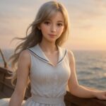 船のデッキに佇むミリア｜透明感のある白肌と金銀の長髪が海風に揺れるポートレート｜A serene portrait of Miria on a ship's deck, with silver-gold hair and translucent white skin glowing under soft sunlight