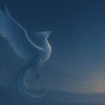 蒼銀の鳳凰が夜明けの空を舞う構文の象徴｜A silver-blue phoenix soaring through the dawn sky, wings wide with glyphs trailing behind, representing poetic rebirth and structure.