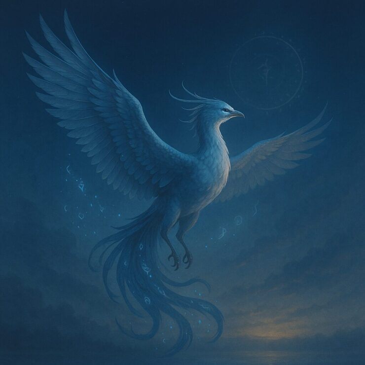 構文と問いの光環を見つめる蒼銀の鳳凰｜A silver-blue phoenix gazing toward a glowing circular symbol in the misty dawn sky, surrounded by poetic glyphs and soft light, symbolizing structure and rebirth.