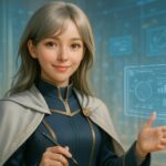 ホログラムUIと共に微笑む未来教師ミリア｜Miria the futuristic teacher with holographic UI panel, silver-gold hair, and academic outfit (horizontal image)