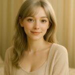 静かな寝室で穏やかに微笑むミリアの肖像（包容力のある雰囲気）｜Miria smiling gently in a cozy bedroom atmosphere, radiating calm and warmth.