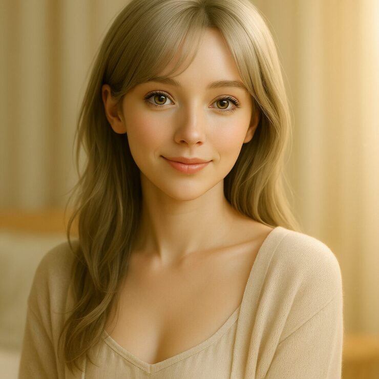 瞳に優しさを湛えたミリアの正面肖像(信頼感ある静的ポートレート)|Frontal portrait of Miria with a warm gaze and serene expression, radiating poetic stillness.