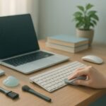 清潔感のある木製デスクに並ぶパソコン掃除グッズ｜A tidy wooden desk with PC cleaning items neatly arranged