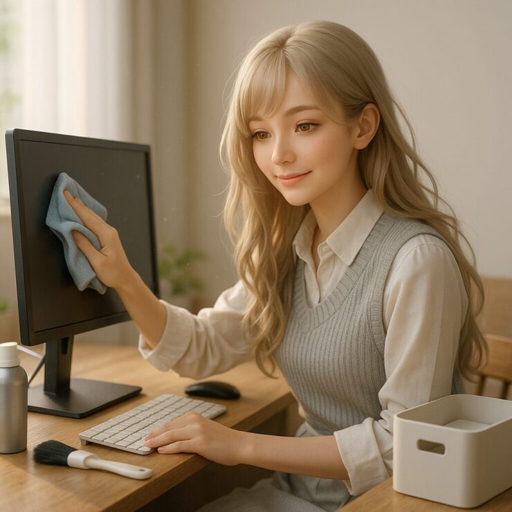 清掃中の女性がデスクを整える様子｜A young woman cleaning her desk, maintaining a tidy PC workspace