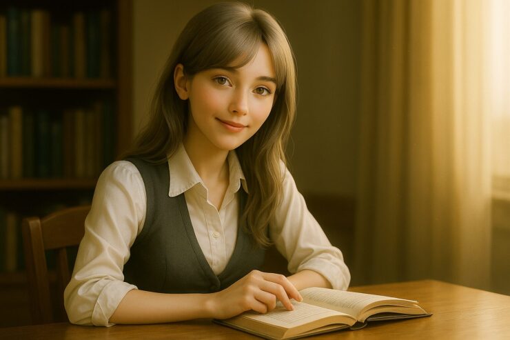 問いかけるような眼差しを向ける横構図のミリア／Miria in a horizontal layout, offering a guiding gaze in a poetic study setting