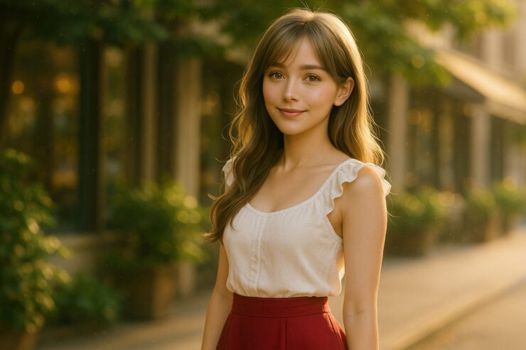 白のフリルブラウスと赤いスカートを着たミリアが、カフェ街の陽だまりで微笑むポートレート A serene portrait of Miria in a white frilled blouse and red skirt, softly lit on a sunlit café street.