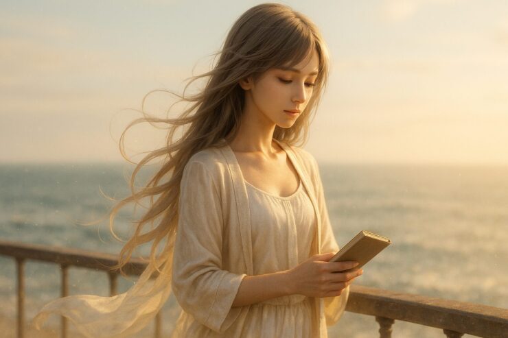 海辺のテラスに佇むミリアと、やわらかな午後の光｜Miria standing on a seaside terrace in soft afternoon light