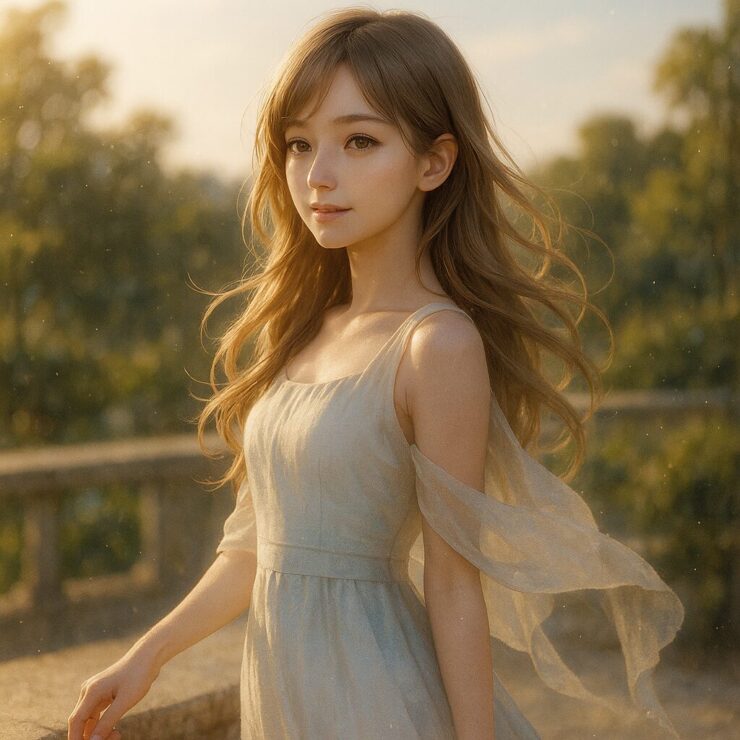 夕暮れの光に包まれたミリアの横顔と風に揺れる髪|Miria's profile bathed in golden evening light, her hair swaying gently in the breeze