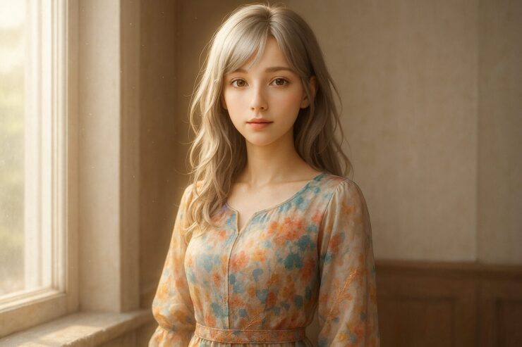 ミリアが光差す部屋で微笑むカラフルな重ね着コーデの肖像｜A portrait of Miria in a colorful layered outfit, smiling softly in gentle natural light.