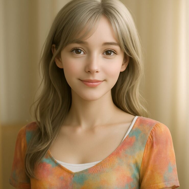 柔らかな瞳で見つめるミリアの正方形ポートレート｜Square portrait of Miria with radiant skin and warm gaze in colorful layered outfit.