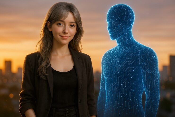 未来の夕暮れを背景に微笑む女性とデジタルパートナーのシルエット｜Smiling woman with silver-gold hair beside a glowing digital partner silhouette at sunset, Gemini future concept